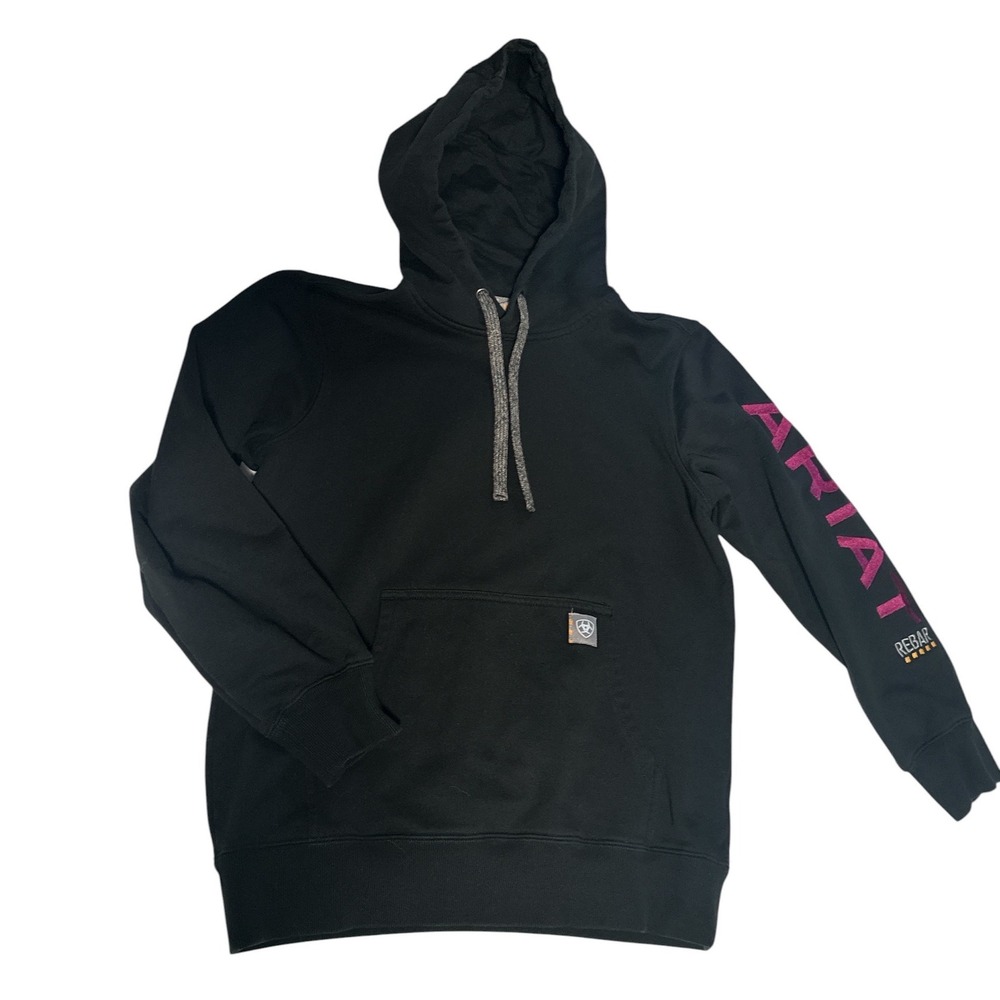 Ariat Rebar Womens Black Pullover Hoodie Purple Sleeve Logo Graphic Size M